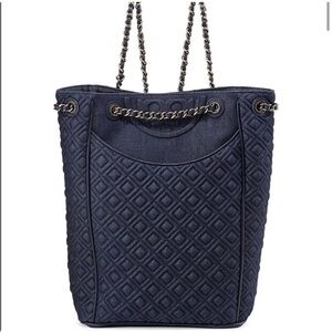 Tory Burch Denim Quilted Fleming Logo Backpack